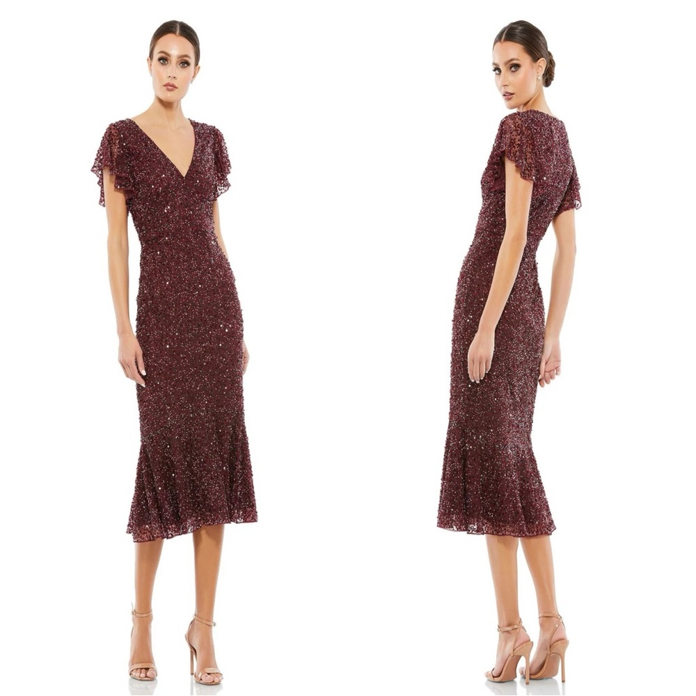 Mac Duggal Burgundy Sequin Midi Dress